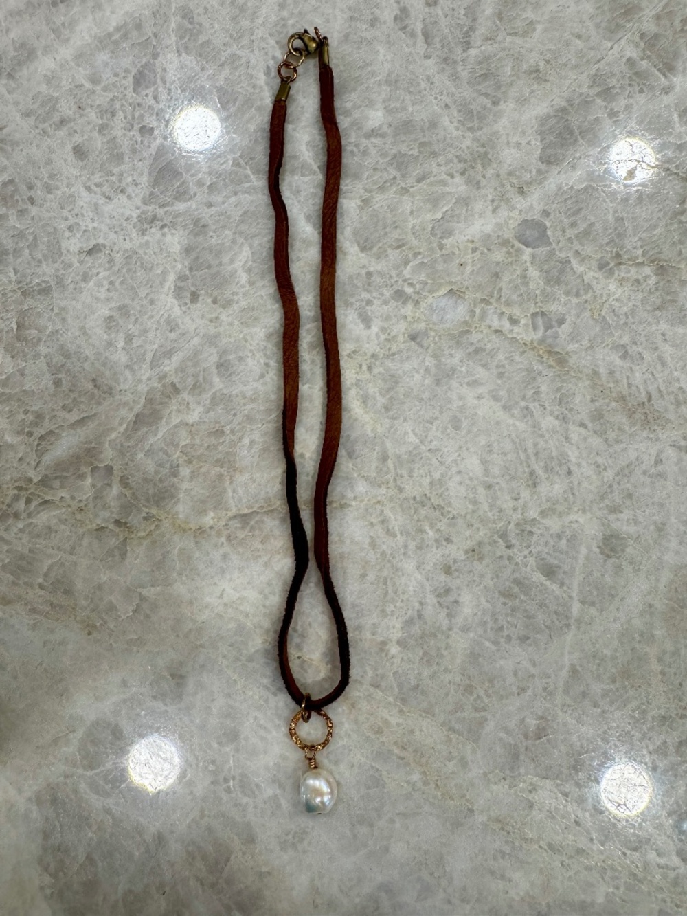 Baroque Pearl Copper Brown Leather Suede Necklace
